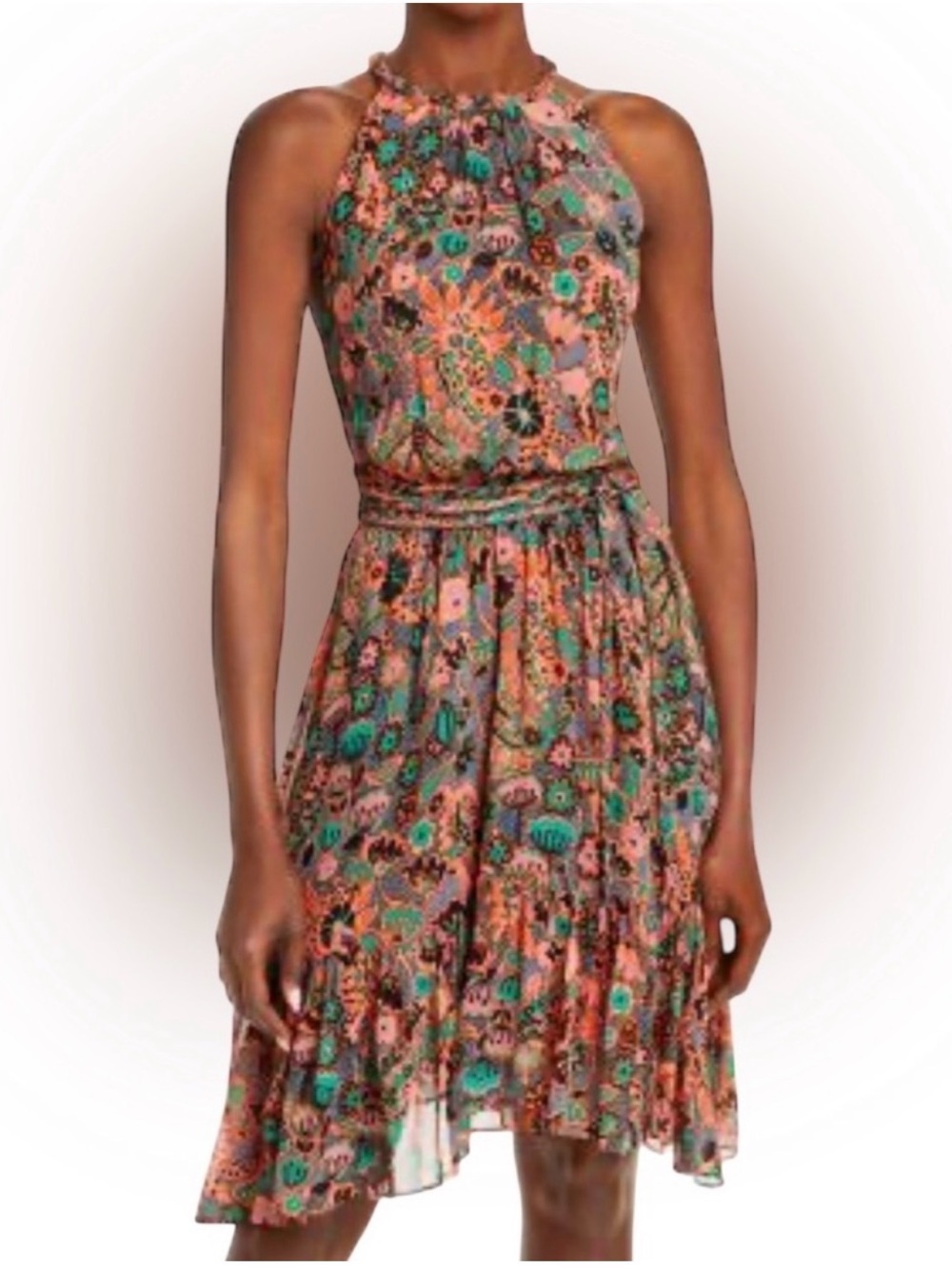 A.L.C. Kaplan Halter 100% Silk Mini Dress Abstract Floral Drop Waist Size 4